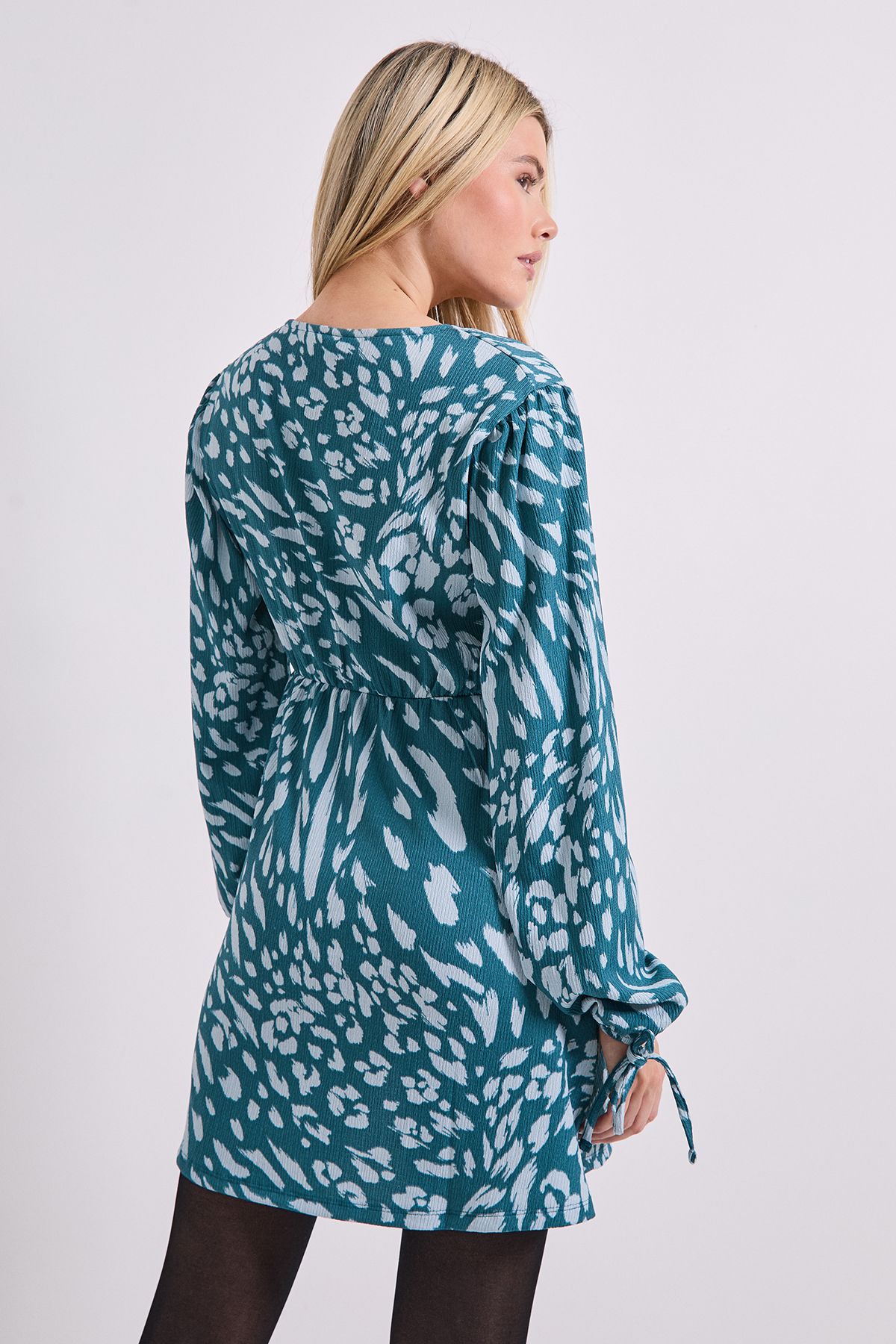 Dorothy Perkins Blue Animal V Neck Empire Seam Blouson Sleeve Mini Dress Blue image 3