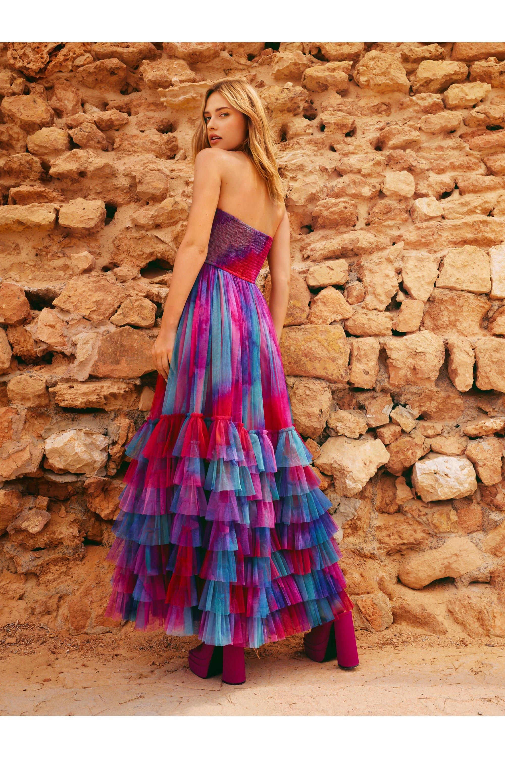 NastyGal Tie Dye Tulle Bandeau Maxi Dress Pink image 3