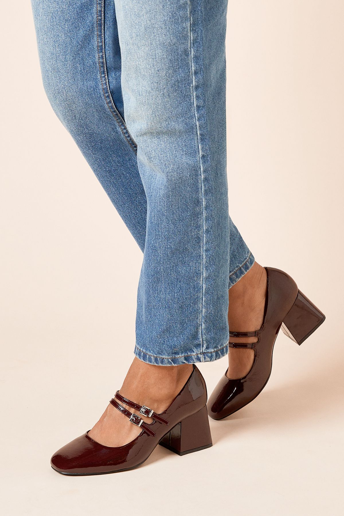 Dorothy Perkins Wide Fit Dawn Faux Patent Leather Double Mary Jane Mid Block Heel Court Shoes Dark Red image 1