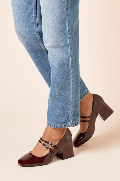 Dorothy Perkins Wide Fit Dawn Faux Patent Leather Double Mary Jane Mid Block Heel Court Shoes Dark Red