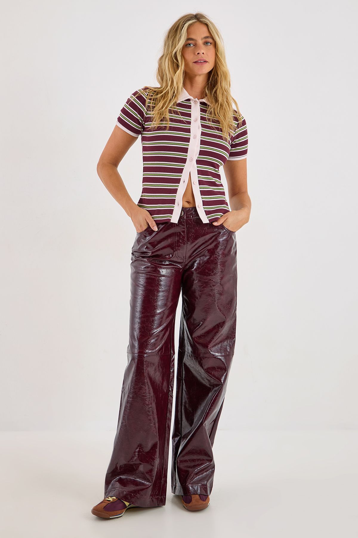 NastyGal Stripe Button Down Short Sleeve Top Burgundy image 2