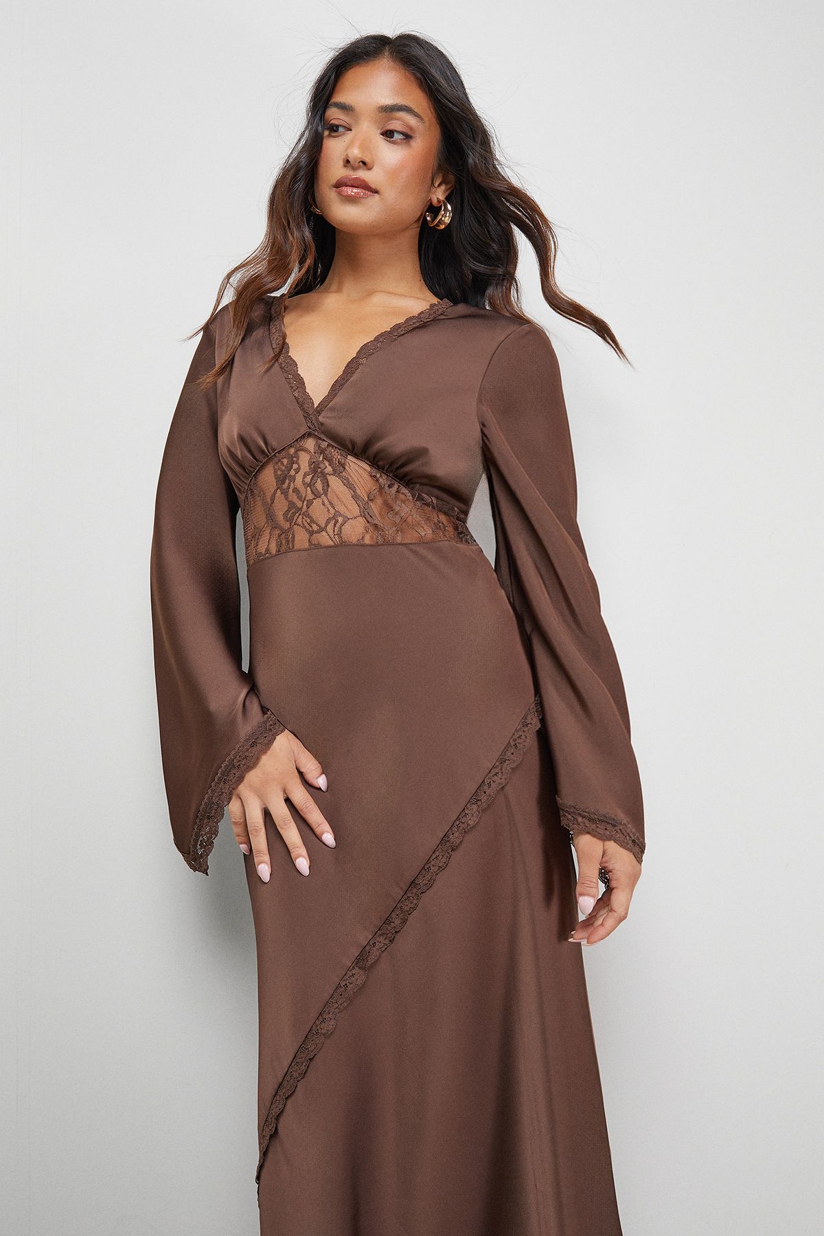 Warehouse Petite Satin Lace Insert Flute Sleeve Midi Dress Chocolate image 2