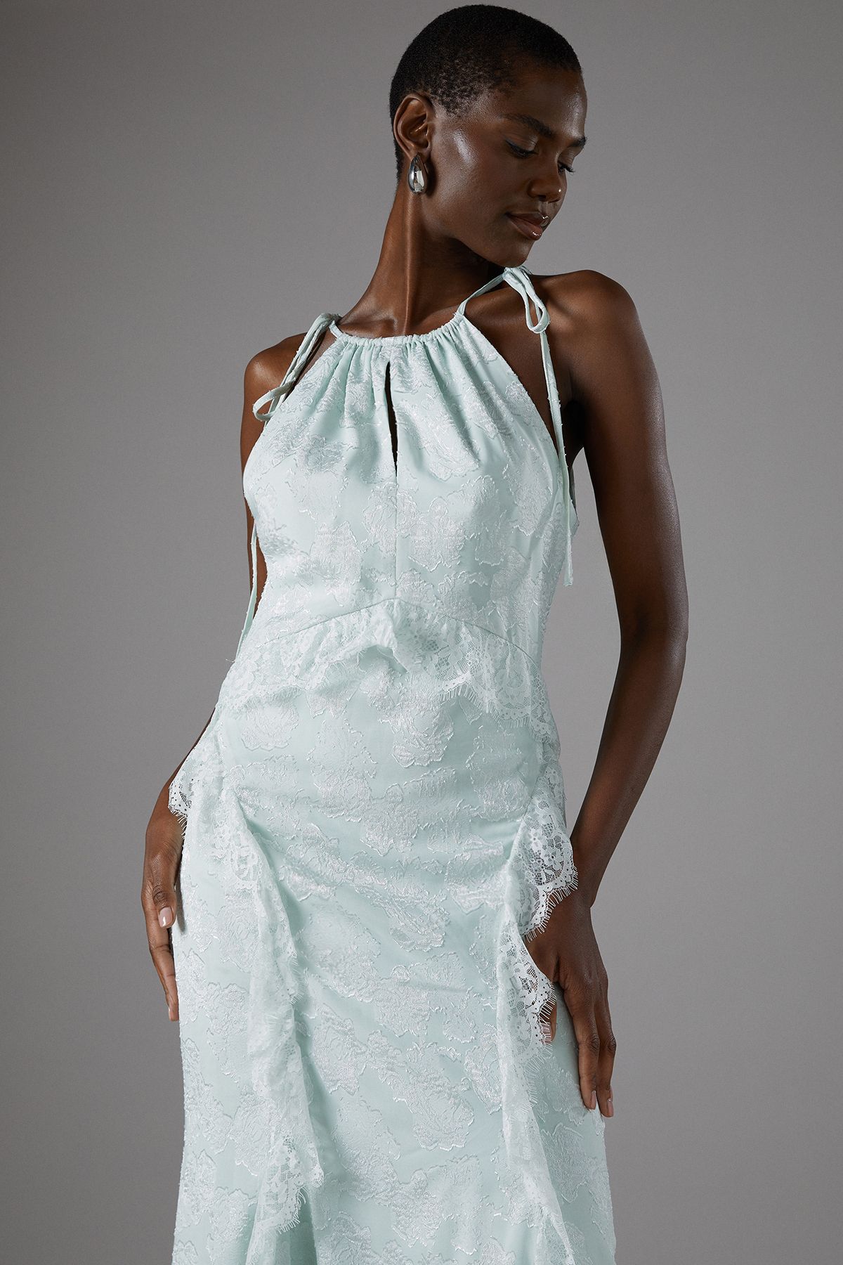 Coast Jacquard Halter Neck Sleeveless Frill Maxi Holiday Dress Mint image 2