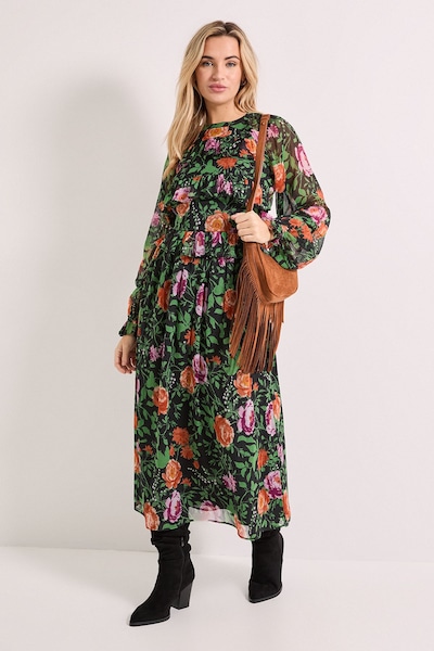 Dorothy Perkins High Neck Frill Detail Printed Chiffon Midi Dress Black