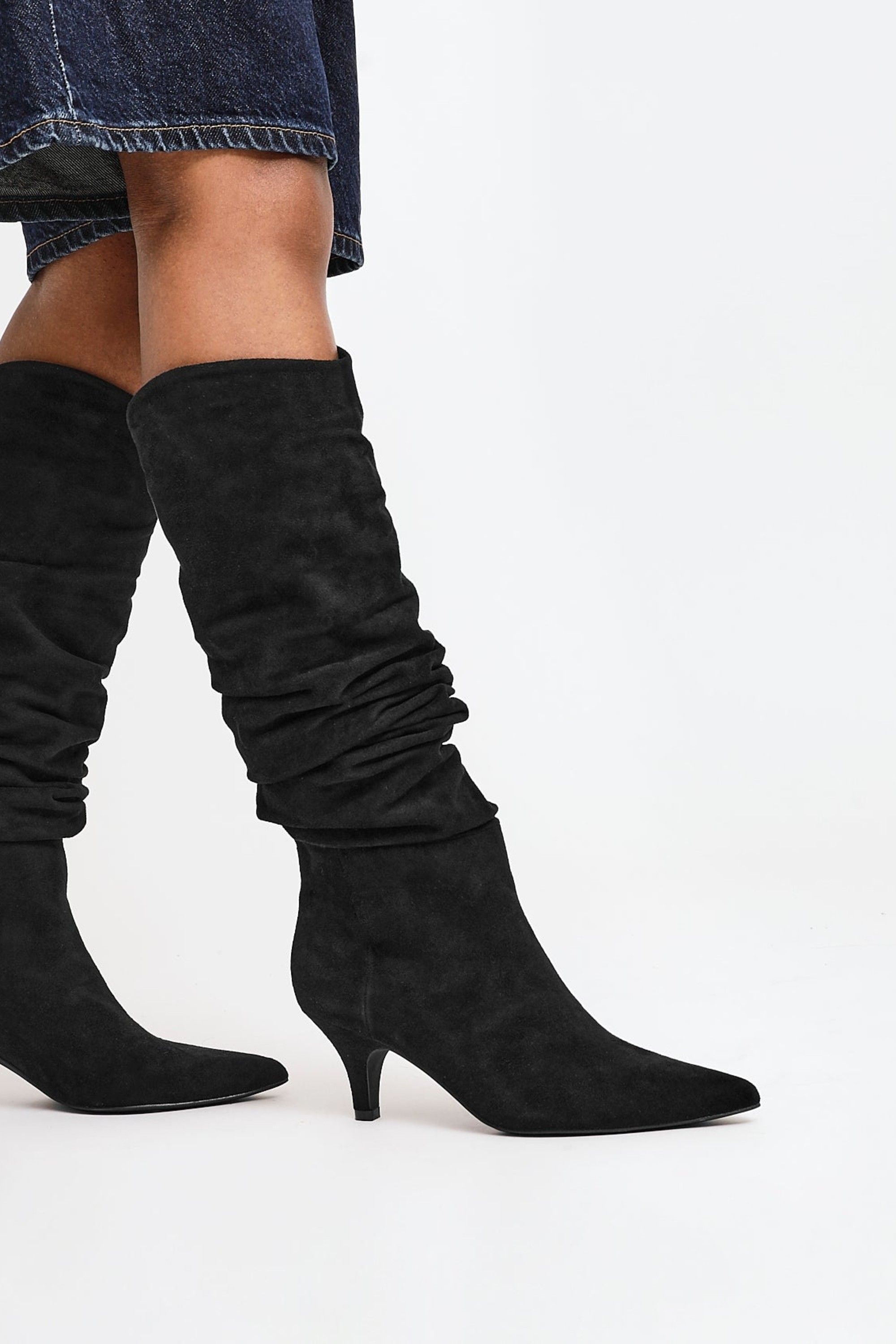 Linzi Esteem Black Faux Suede Ruched Kitten Heel Knee High Boot image 2