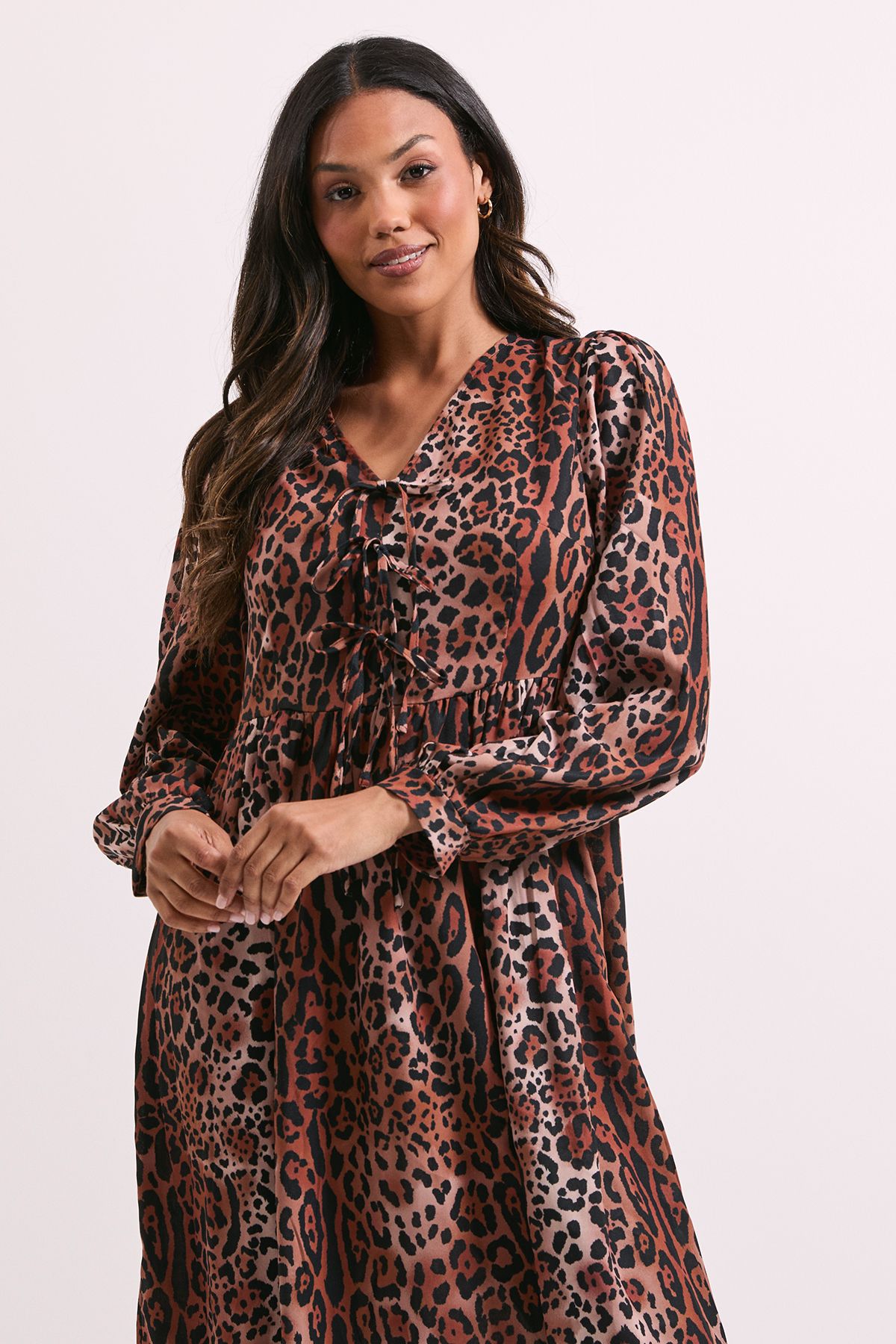 Dorothy Perkins Leopard Animal Bow Front Blouson Sleeve Printed Midi Dress Multi image 2