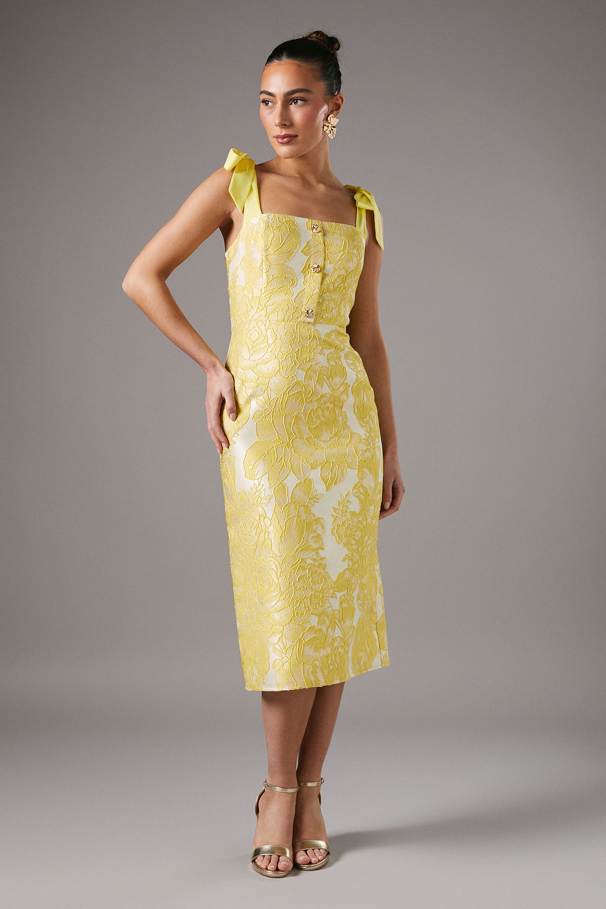 Coast Yellow Jacquard Tie Shoulder Button Through Pencil Midi