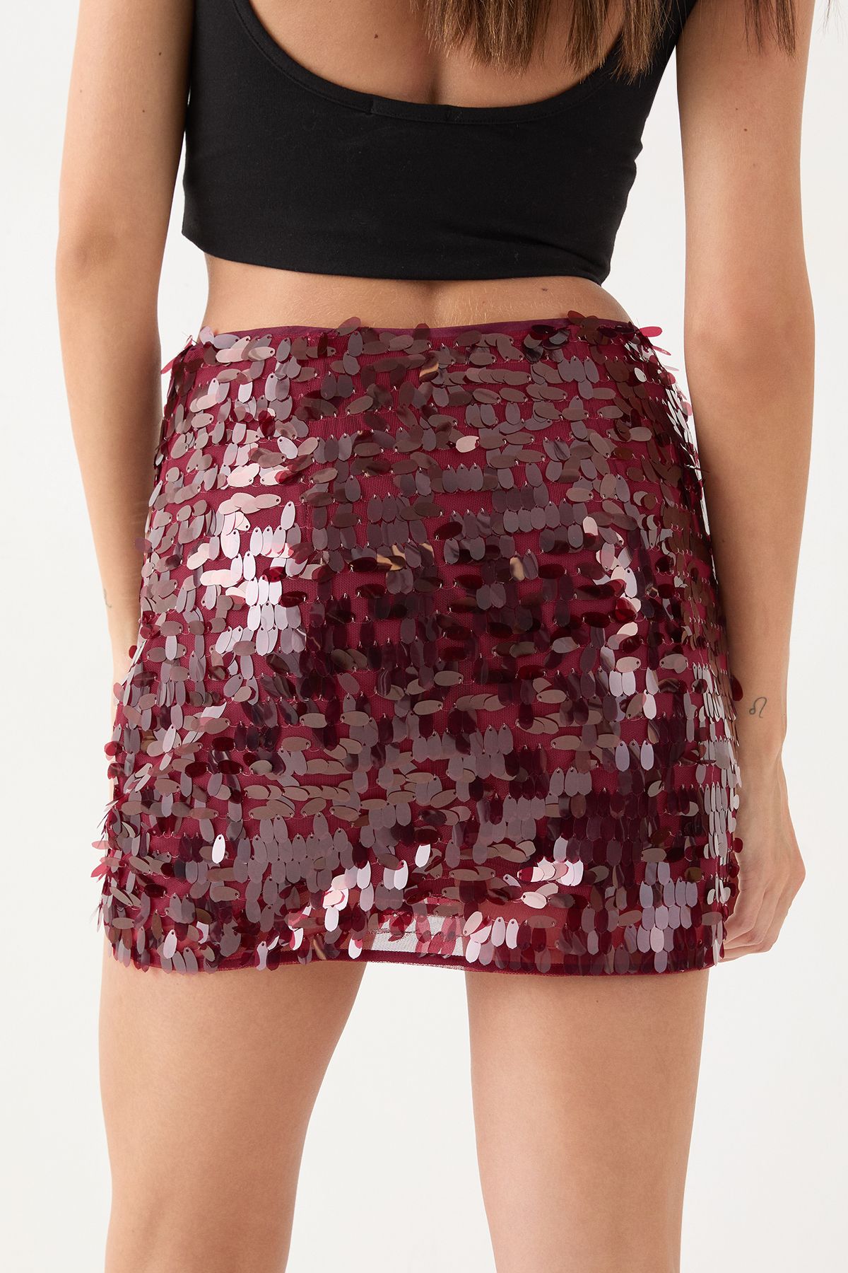 MissPap Dense Teardrop Sequin Mini Skirt Wine image 3