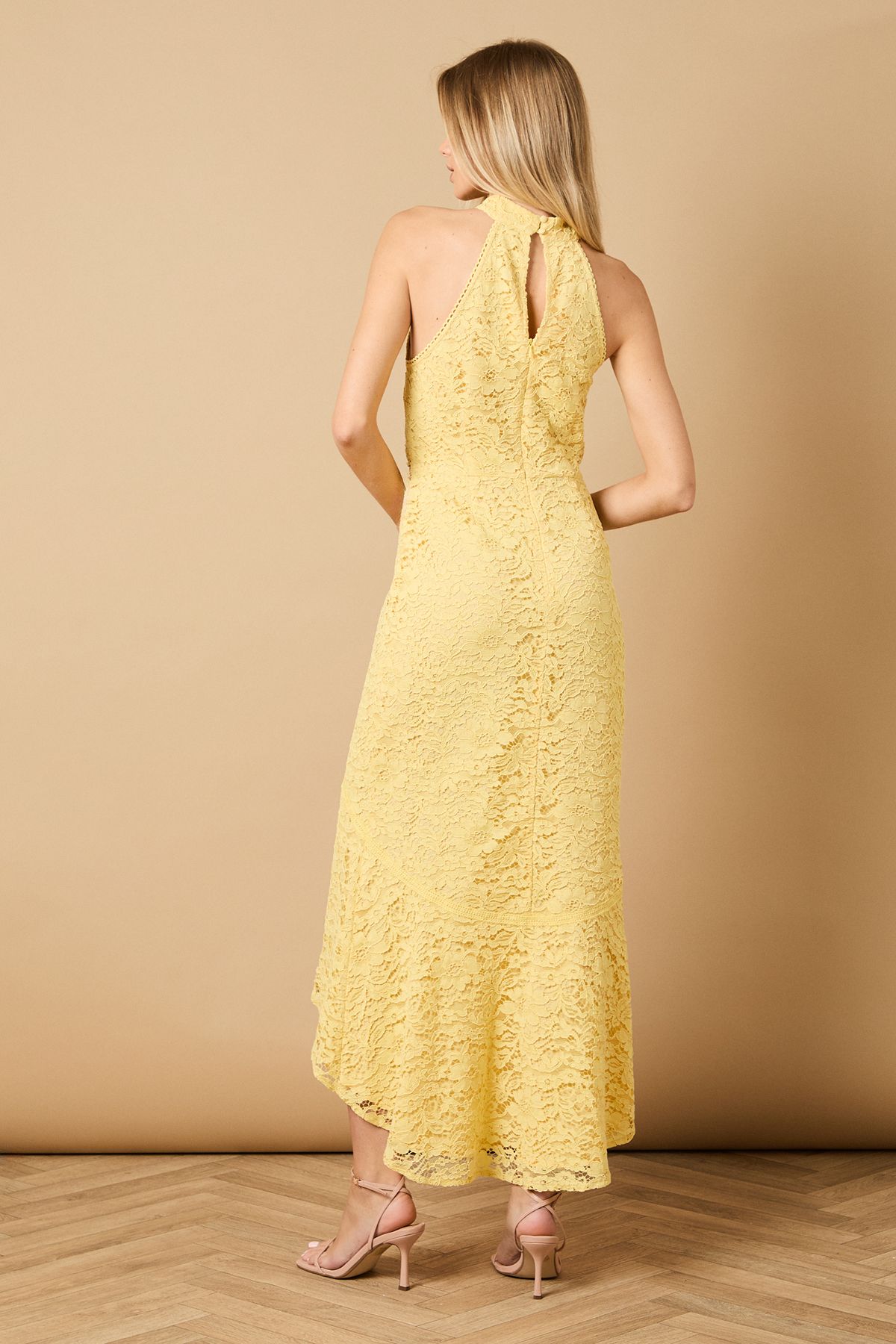 Oasis Lace Detail High Low Halterneck Midi Dress Lemon image 4