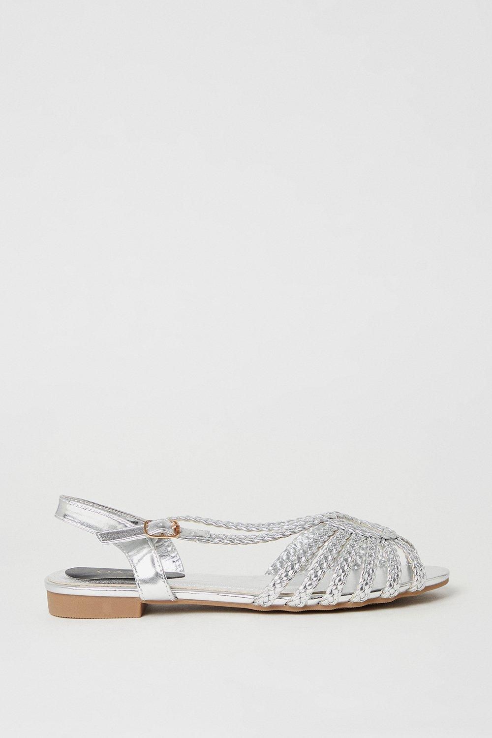Oasis Bronte Plaited Slingback Peeptoe Flat Sandals Silver image 2