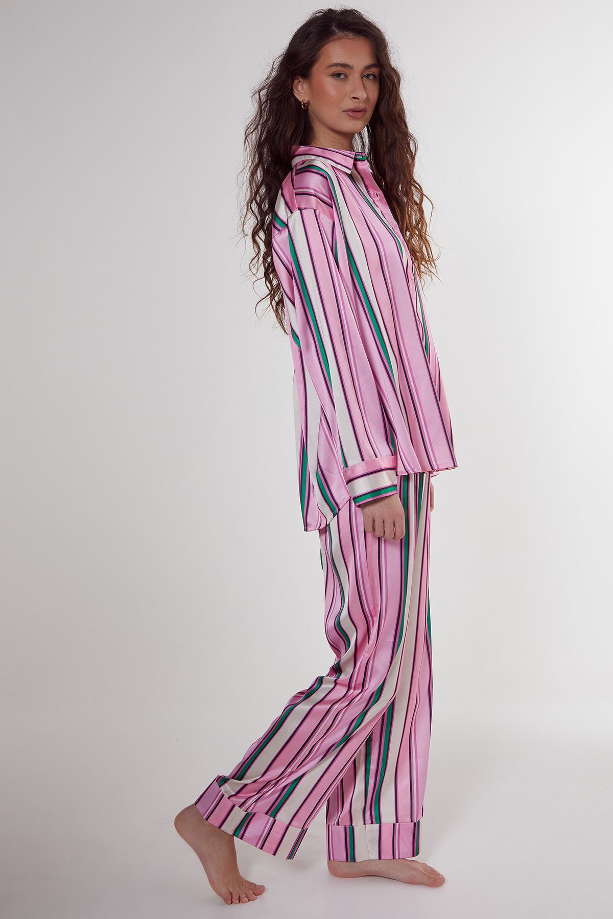 NastyGal Satin Multi Stripe Oversized Shirt And Pants Pajama Set Pink image 4