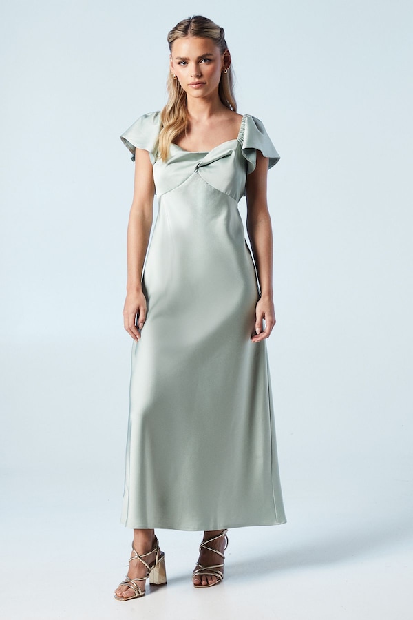 Oasis Petite Twist Front Angel Sleeve Midi Bridesmaid Dress Sage