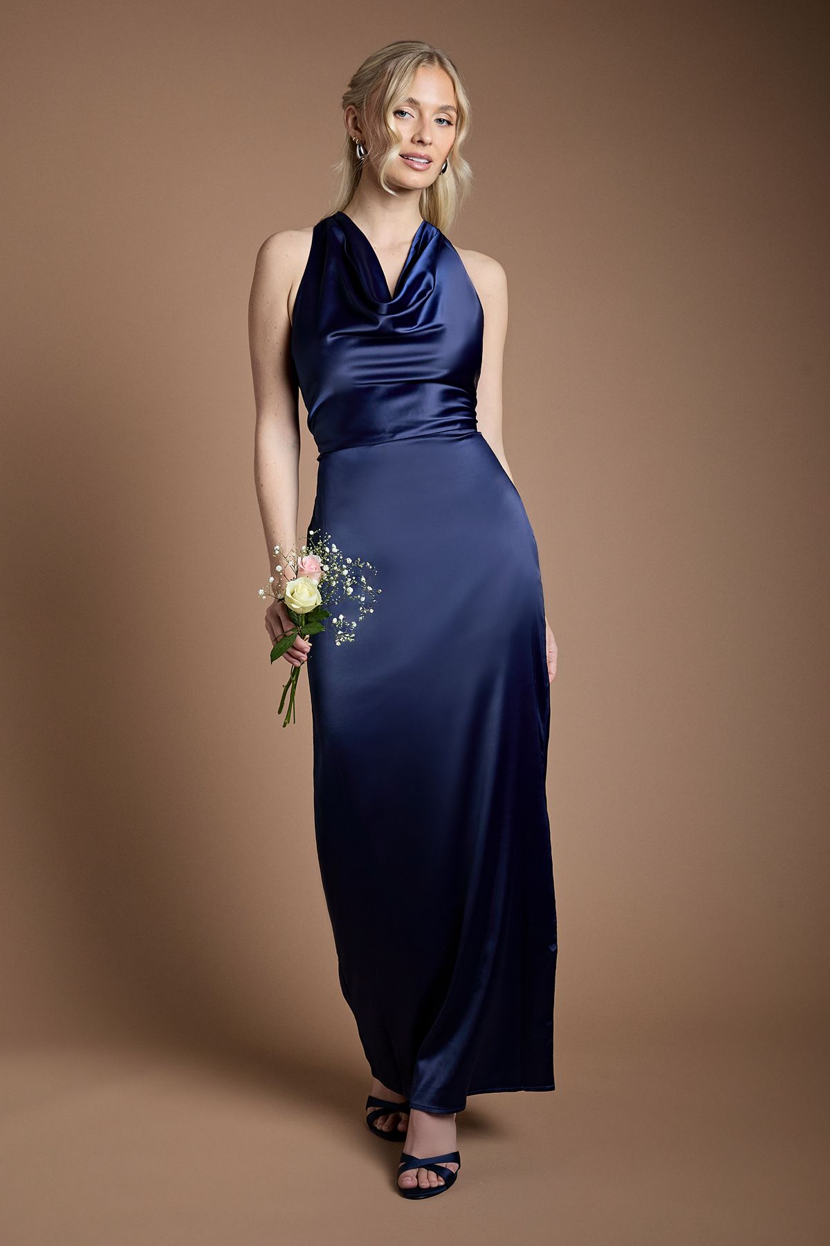 Oasis Satin Cowl Neck Maxi Bridesmaid Dress Navy image 1