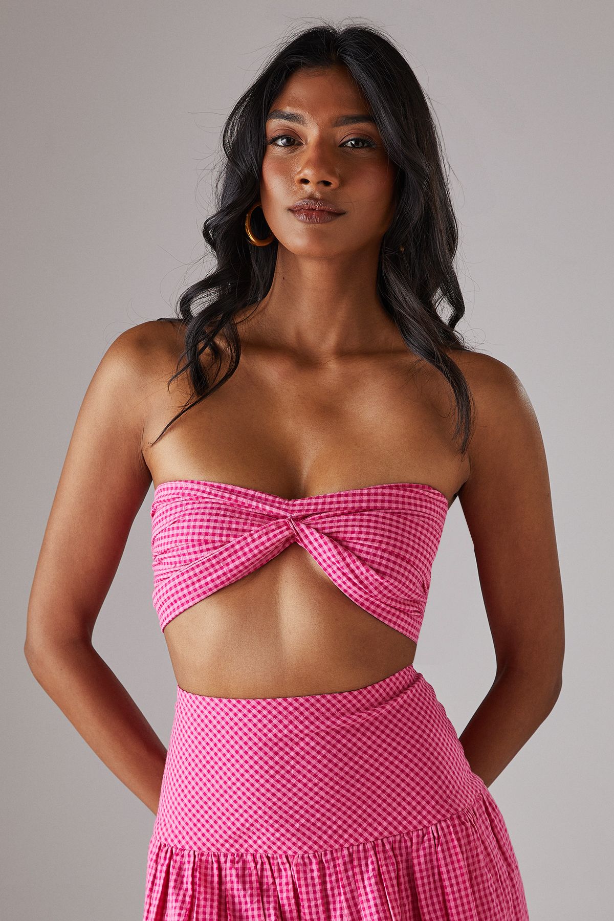 Warehouse Gingham Twist Front Bandeau Top Pink image 1