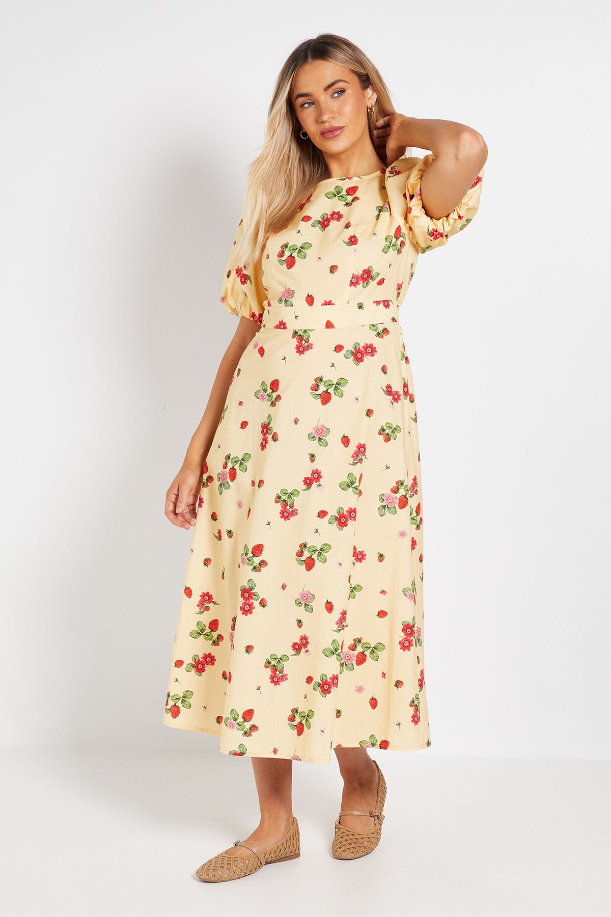 Dorothy Perkins Puff Sleeve Princess Seam Poplin Midi Dress Floral