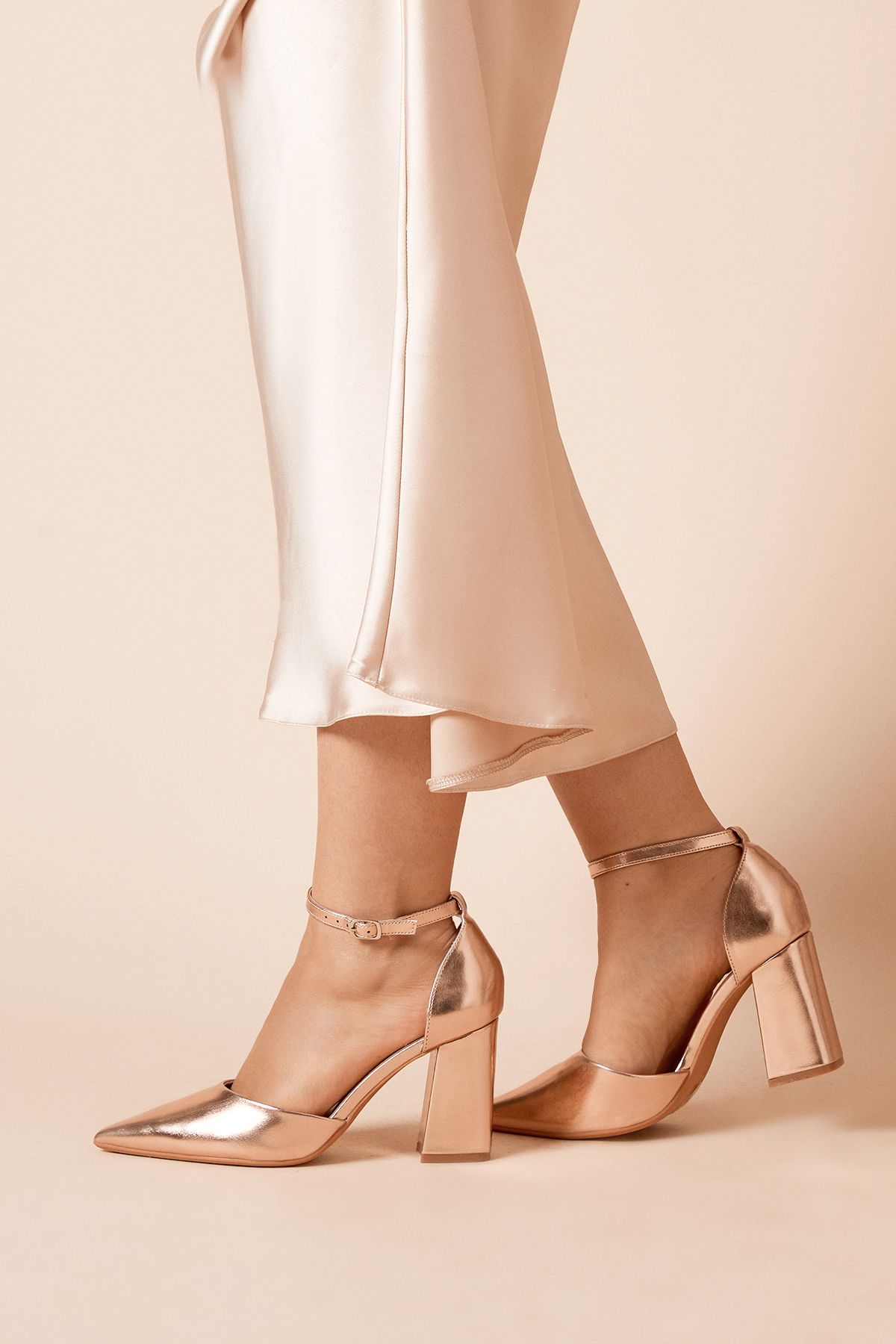 Dorothy Perkins Blanche Ankle Strap Pointed High Block Heel Court Shoes Rose Gold image 3