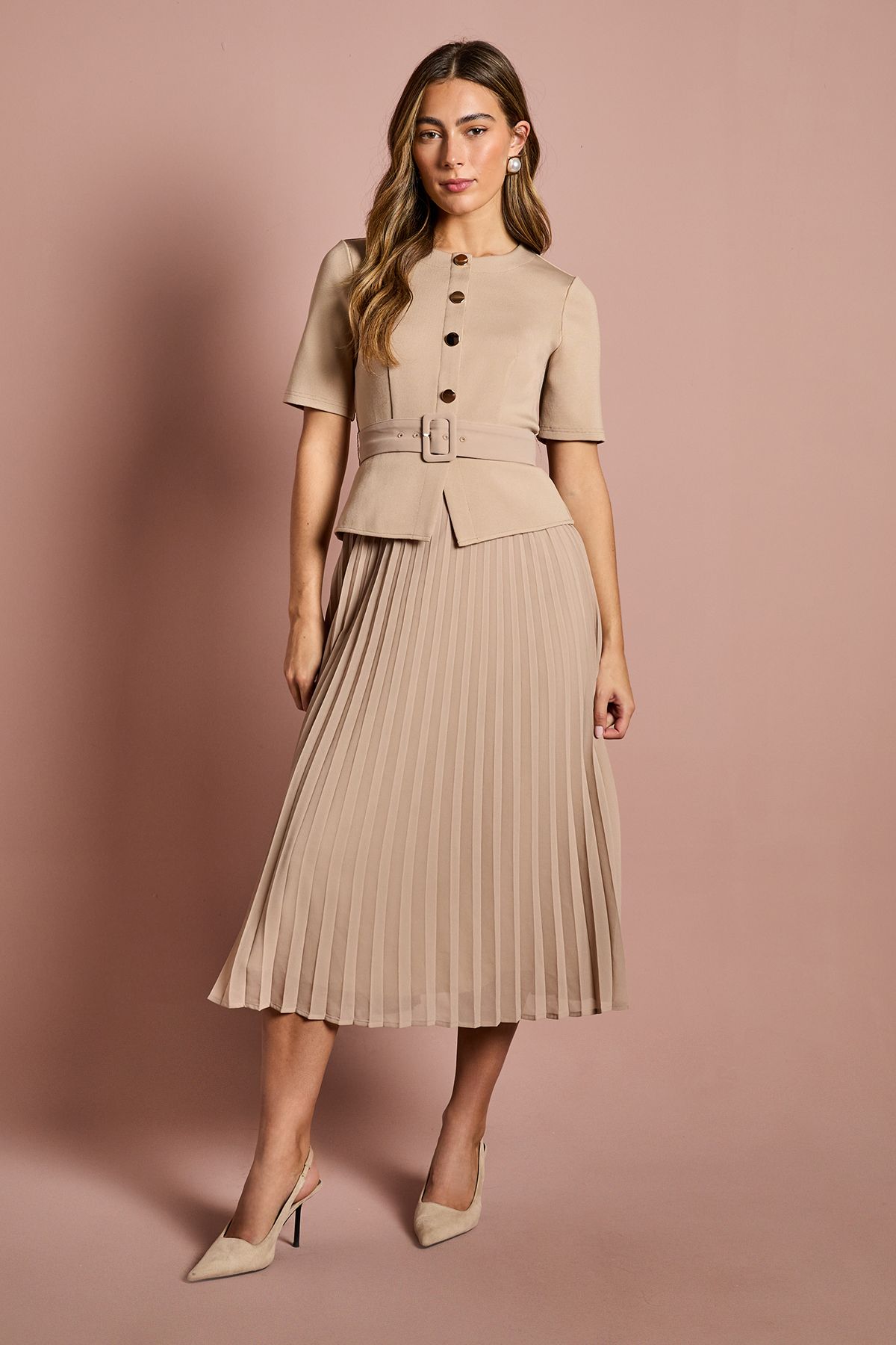 Coast Bandage Pleat Skirt Midi Dress Beige image 1