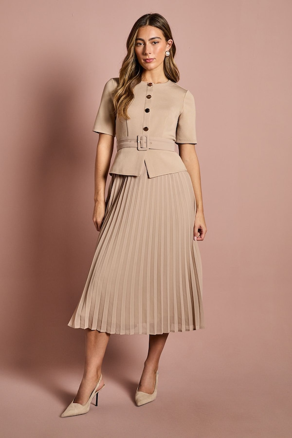 Coast Bandage Pleat Skirt Midi Dress Beige