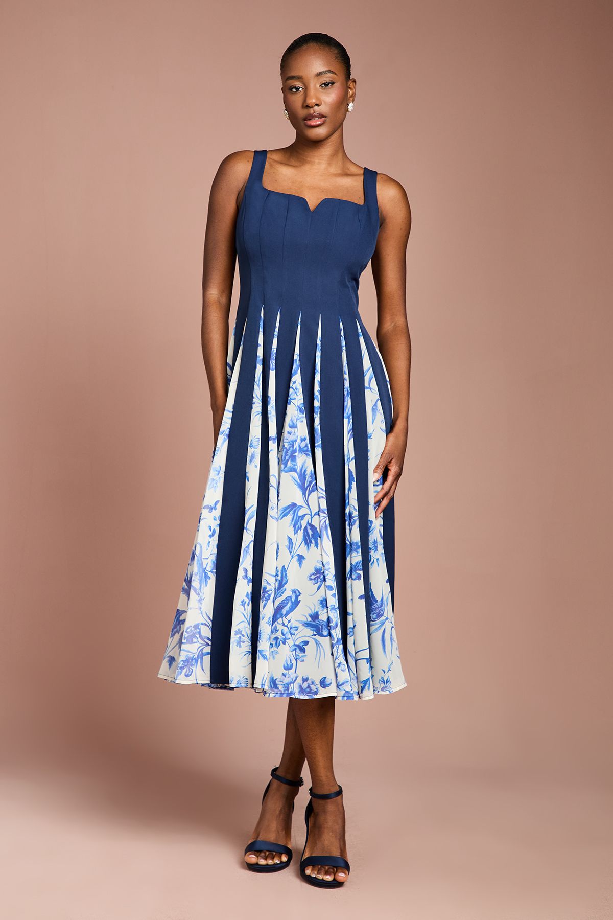 Coast Printed Godet Crepe Midi Dress Navy