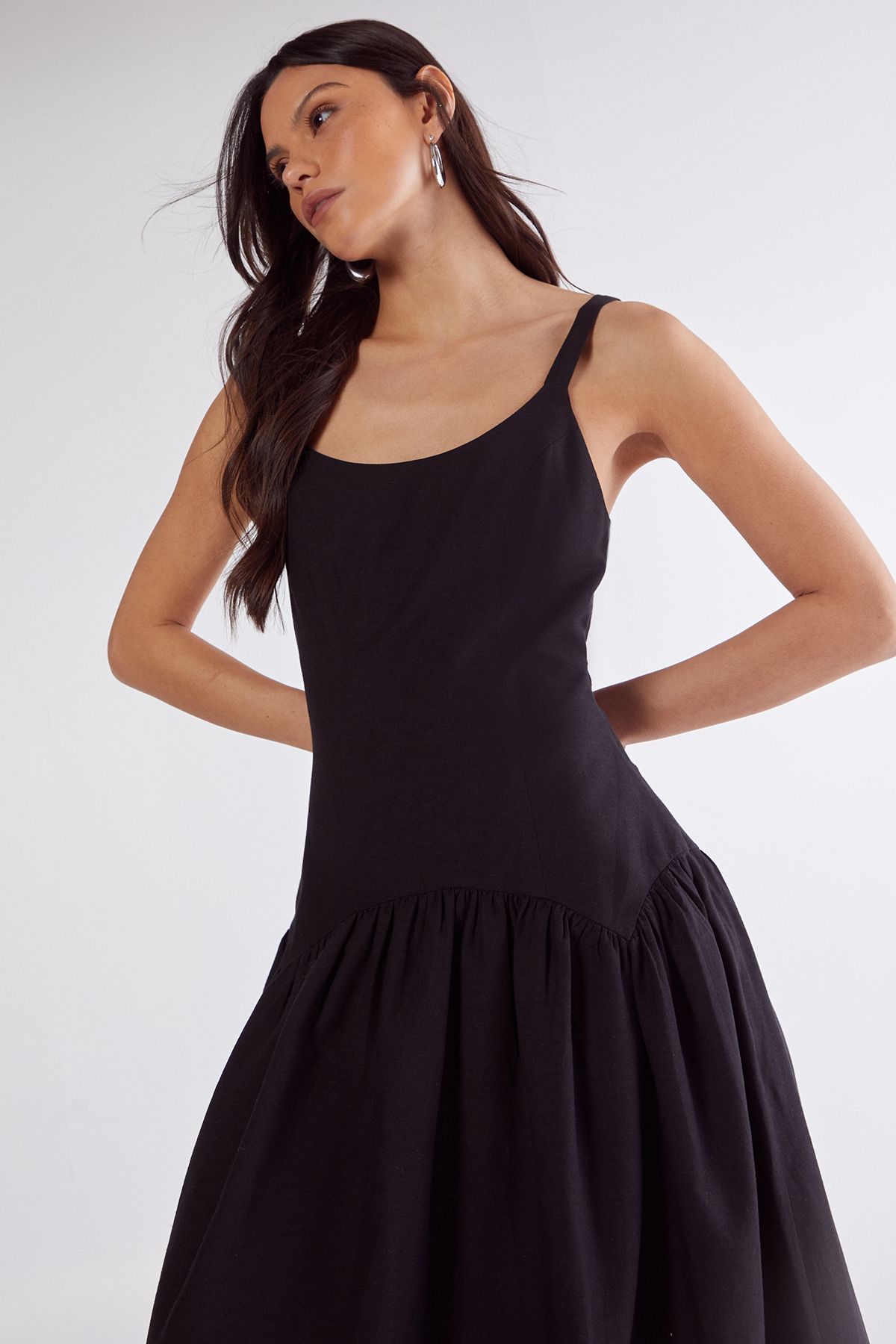 NastyGal Linen Mix Drop Waist Seamed Midi Dress Black image 2