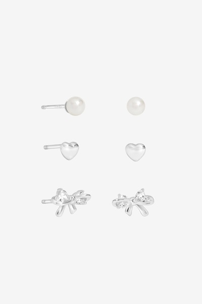 Simply Silver Sterling Silver 925 Polished and Pearl Bow Earrings - Pack of 3
