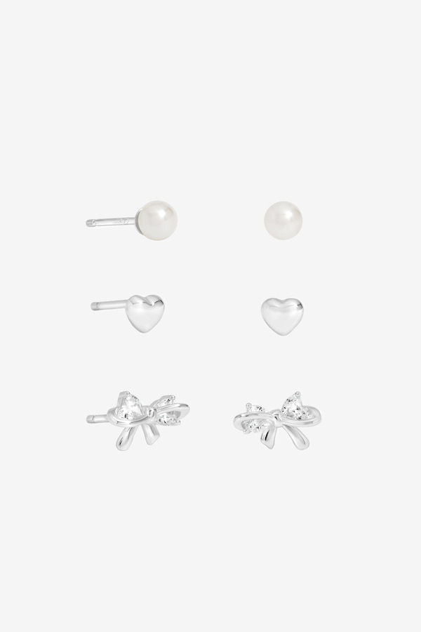 Simply Silver Sterling Silver 925 Polished and Pearl Bow Earrings - Pack of 3
