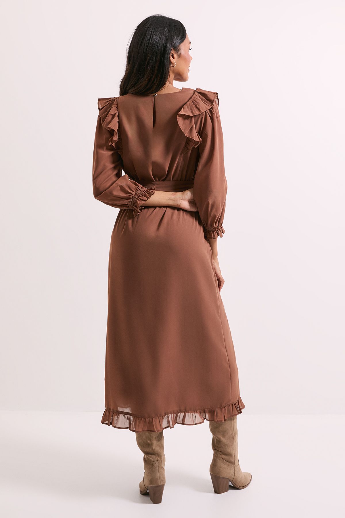 Dorothy Perkins Blouson Sleeve Frill Midi Dress Mocha image 3