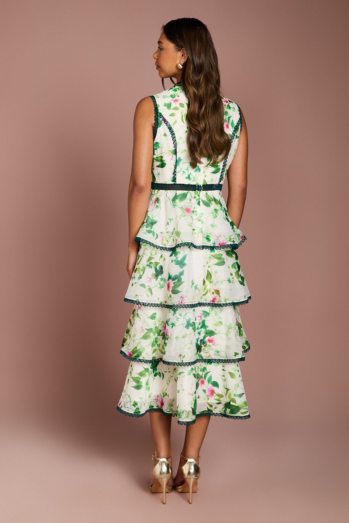 Coast Lace Trim Tiered Printed Organza Midi Dress Ivory image 3