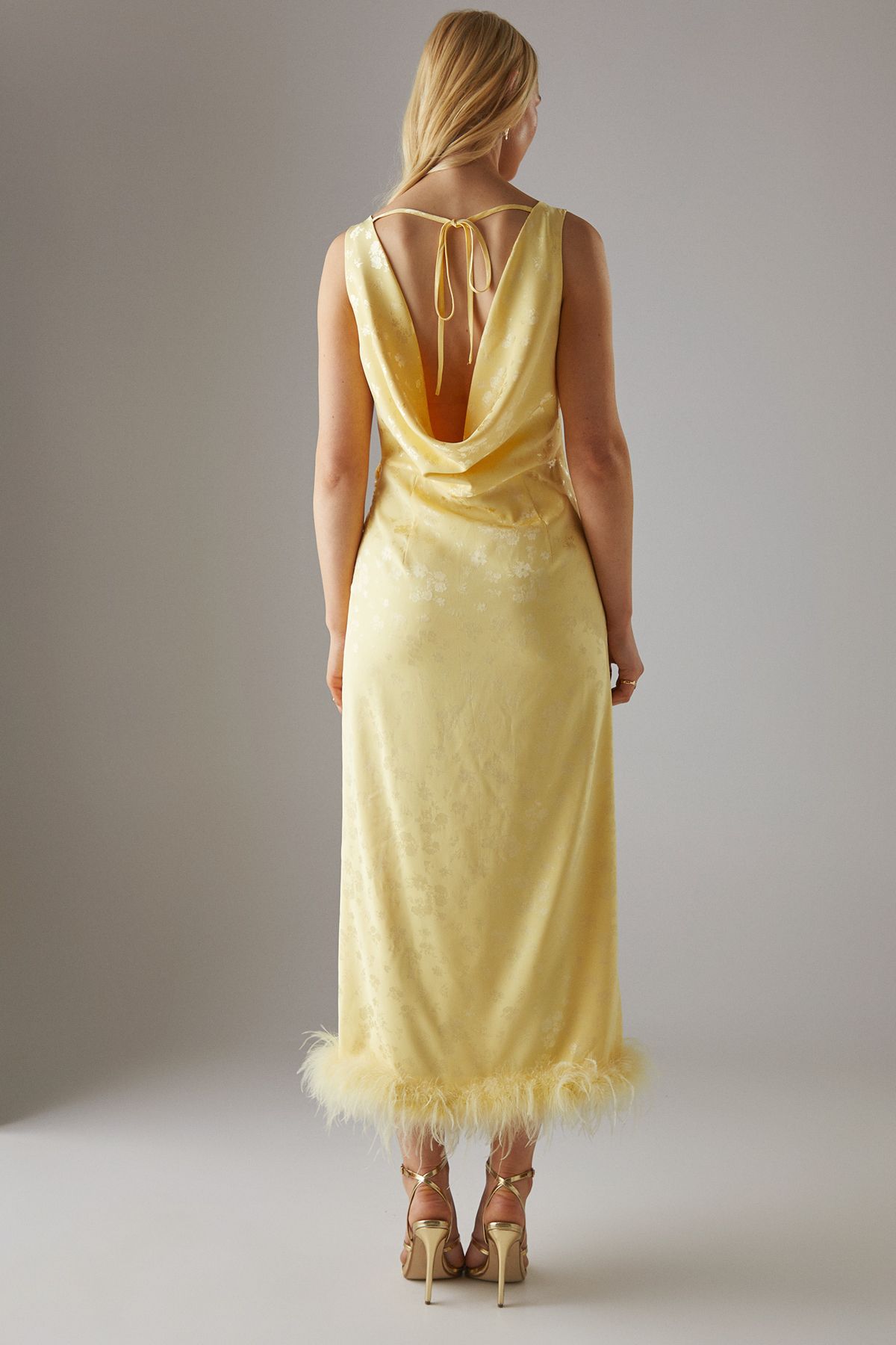 Warehouse Satin Jacquard Feather Twist Front Cowl Back Midi Dress Yellow image 3