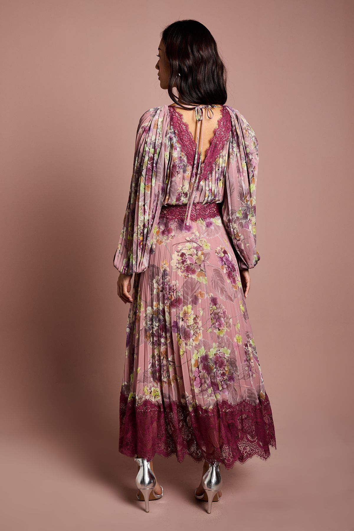 Coast Long Sleeve Pleated Lace Trim Midaxi Dress Pink image 3