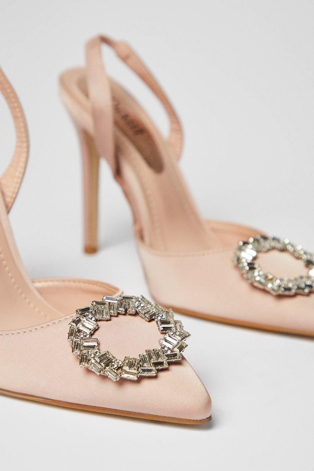 Coast Serenity Satin Brooch Detail High Heel Slingback Court Shoes Champagne image 4