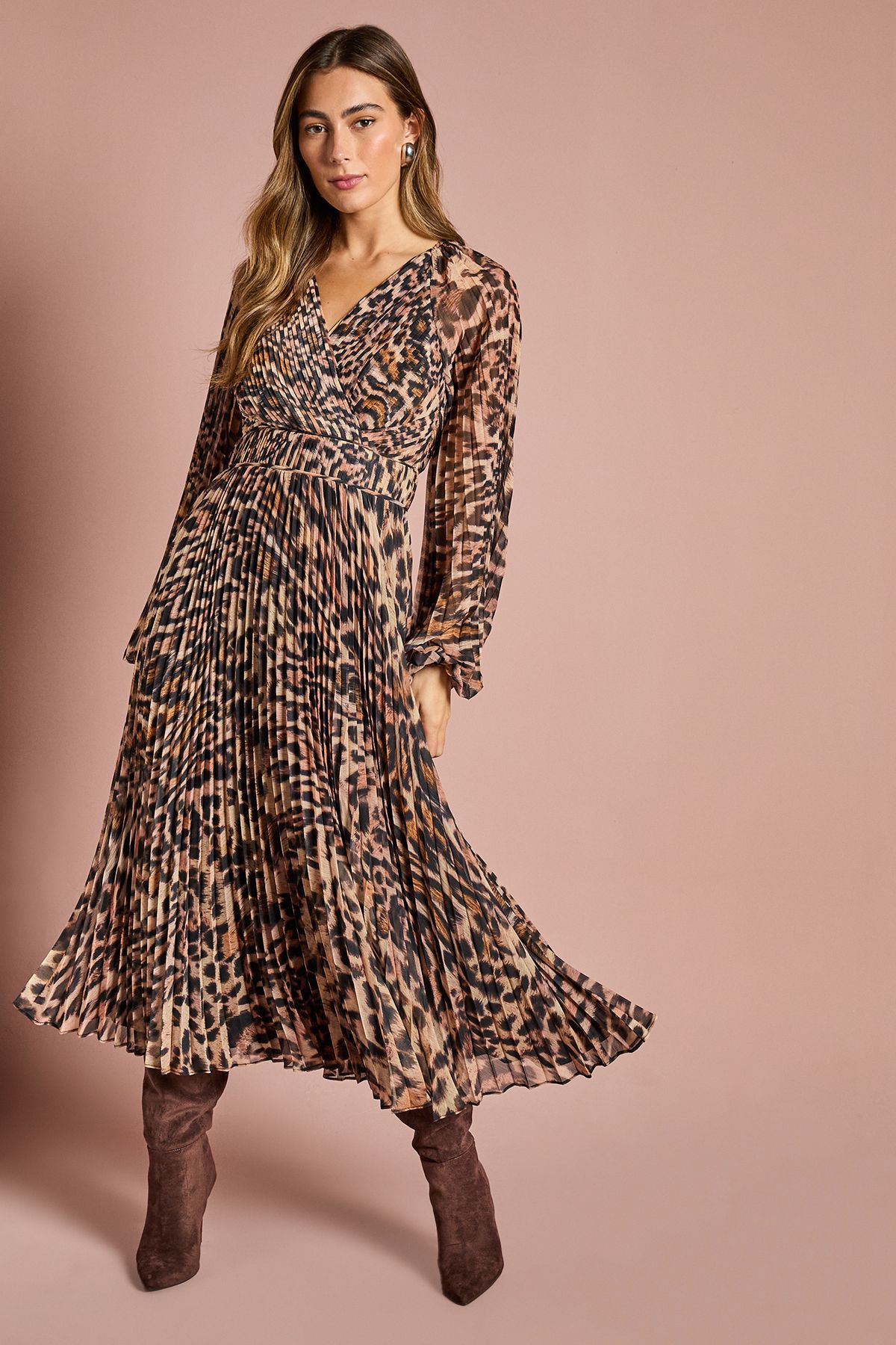 Coast Long Sleeve Chiffon Pleated Wrap Midi Dress Animal