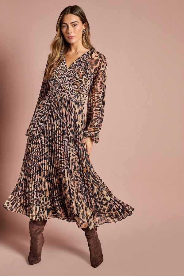 Coast Long Sleeve Chiffon Pleated Wrap Midi Dress Animal