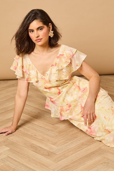 Oasis Ruffle Sleeve Jacquard Midi Dress Yellow