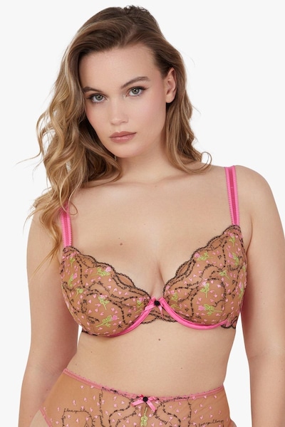 Playful Promises Spank Me Pink and Nude Custom Embroidery Plunge Bra