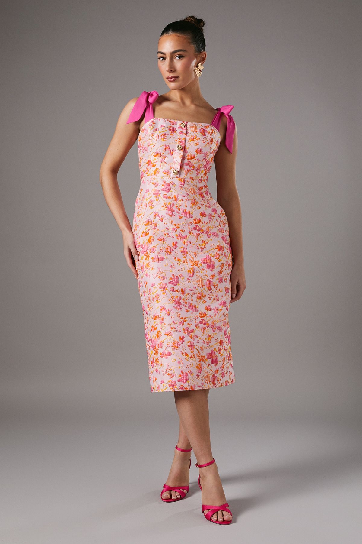 Coast Ditsy Floral Jacquard Dress With Shoulder Ties Pink image 1