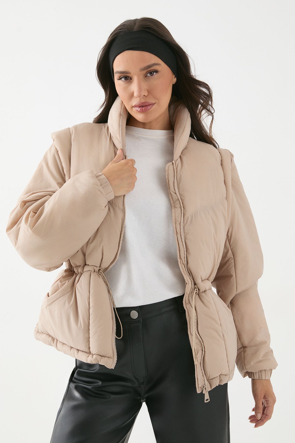 MissPap Detachable Sleeve Two In One Puffer Coat Taupe image 2