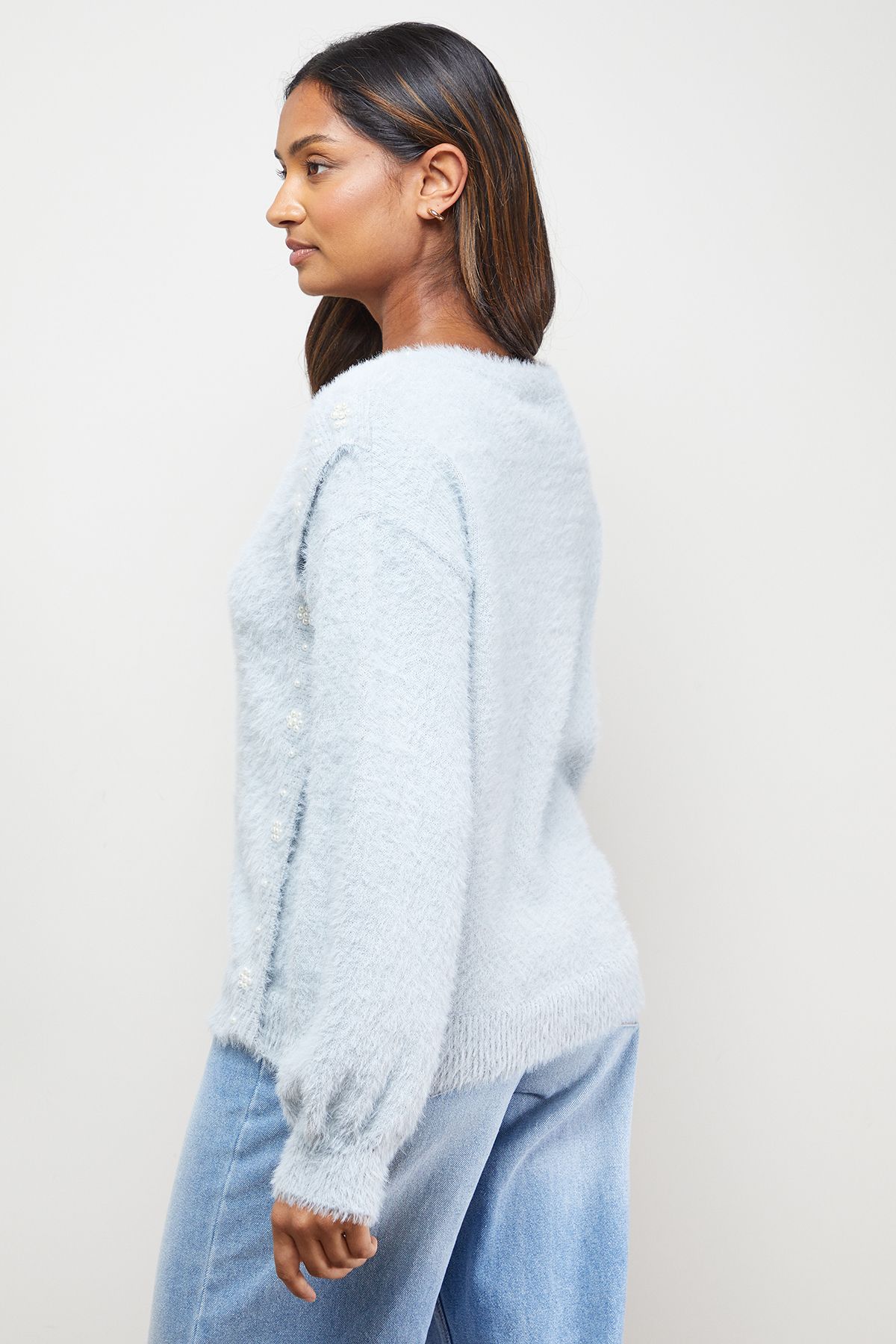 Oasis Eyelash Knitted Pearl Embellished V Neck Jumper Grey Marl image 3