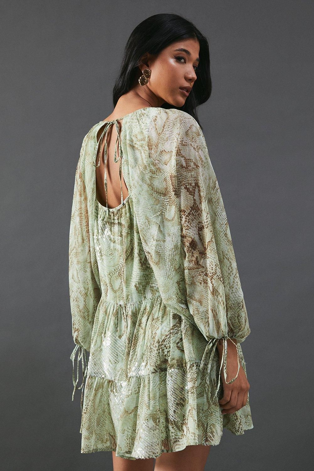 Warehouse Sequin Snake Embellished Volume Sleeve Mini Smock Dress Lime image 3