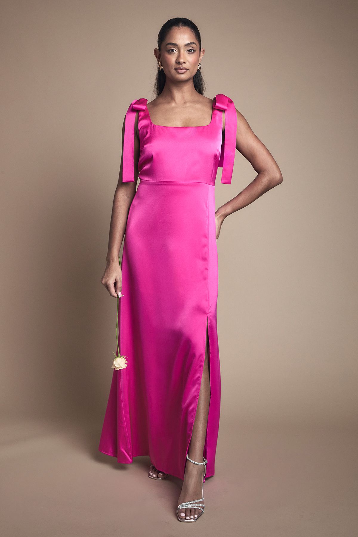 Oasis Bright Pink Satin Tie Shoulder Midi Bridesmaid Dress Bright Pink