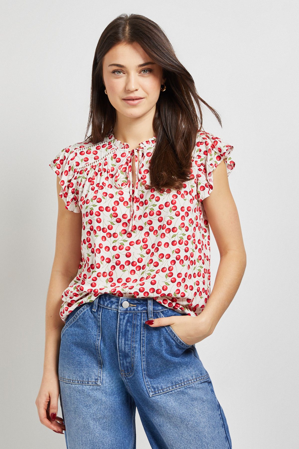 Dorothy Perkins Cherry Lace Trim Tie Front Top Cherry