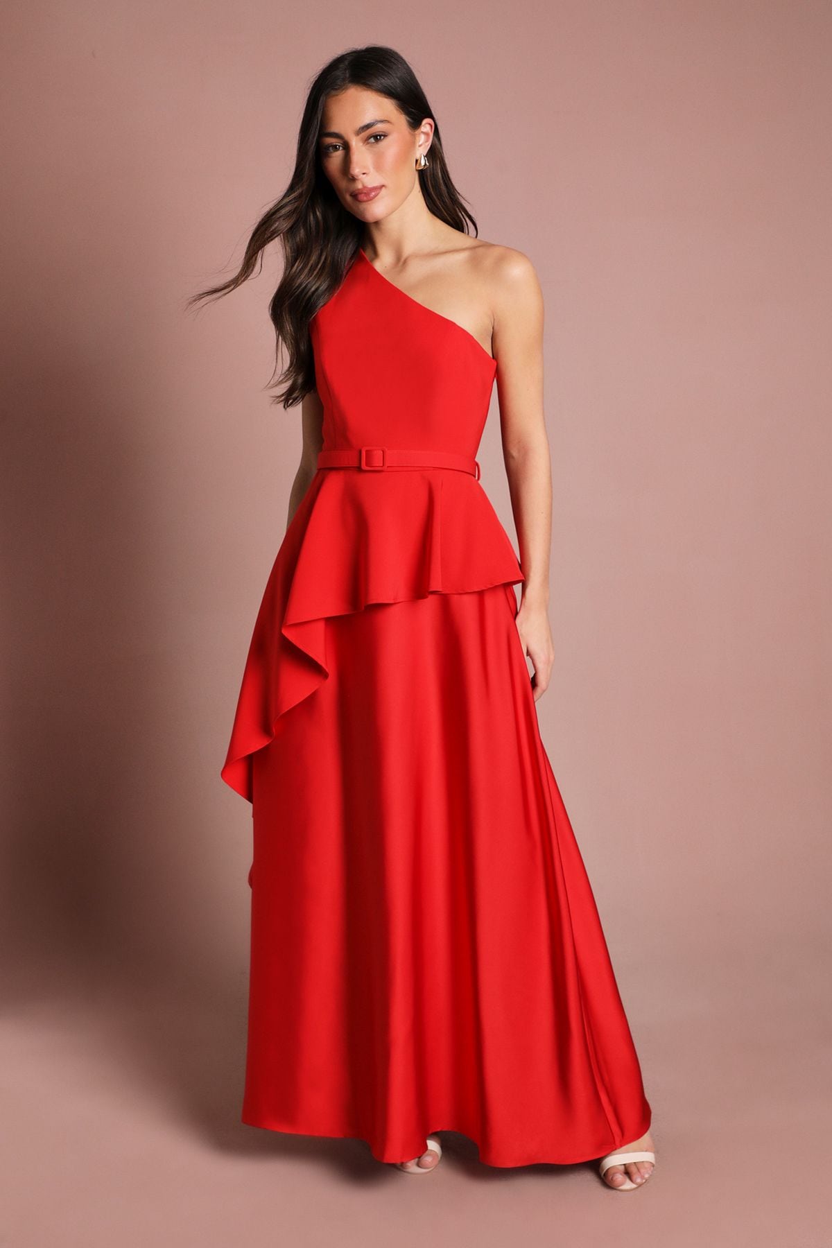 Coast One Shoulder Ruffle Detail Satin Maxi Dress Red
