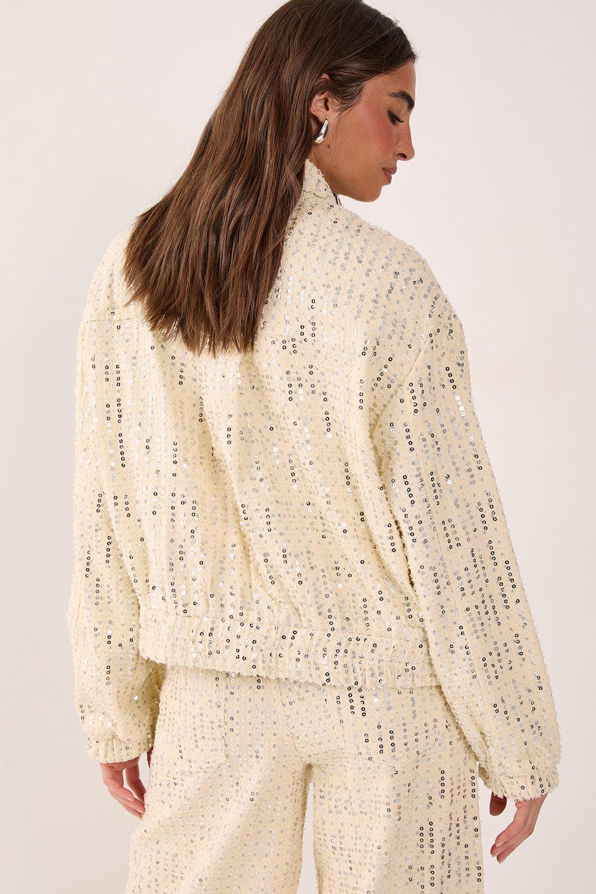 NastyGal (AZ) Denim Sequin Bomber Jacket Ecru image 3