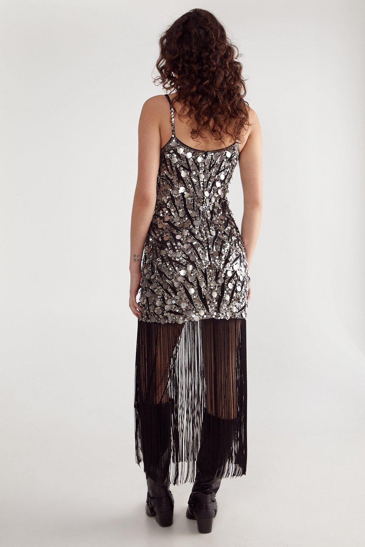 NastyGal Zebra Hand Embellished Disc Sequin Tassel Mini Dress Black image 3