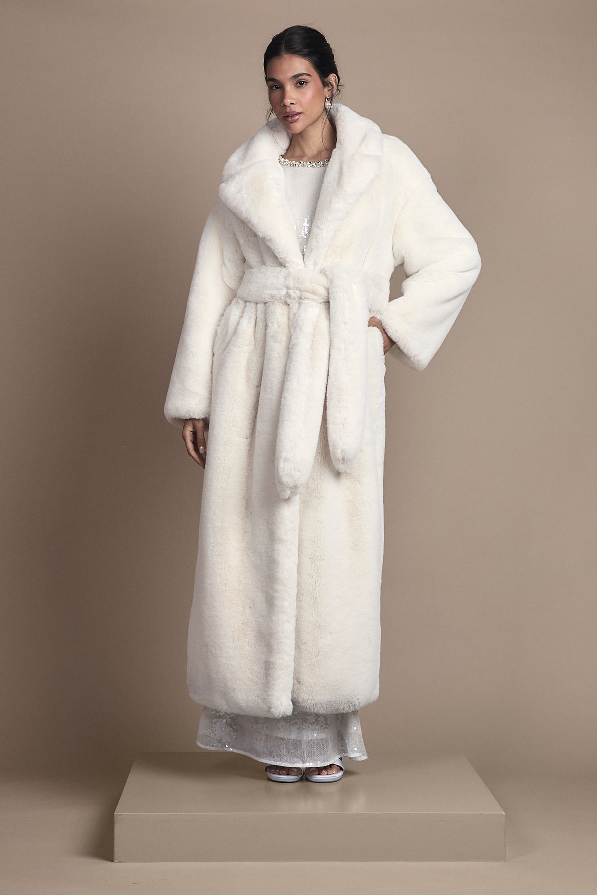 Coast Ivory Occasion Belted Longline Faux Fur Coat Ivory image 1