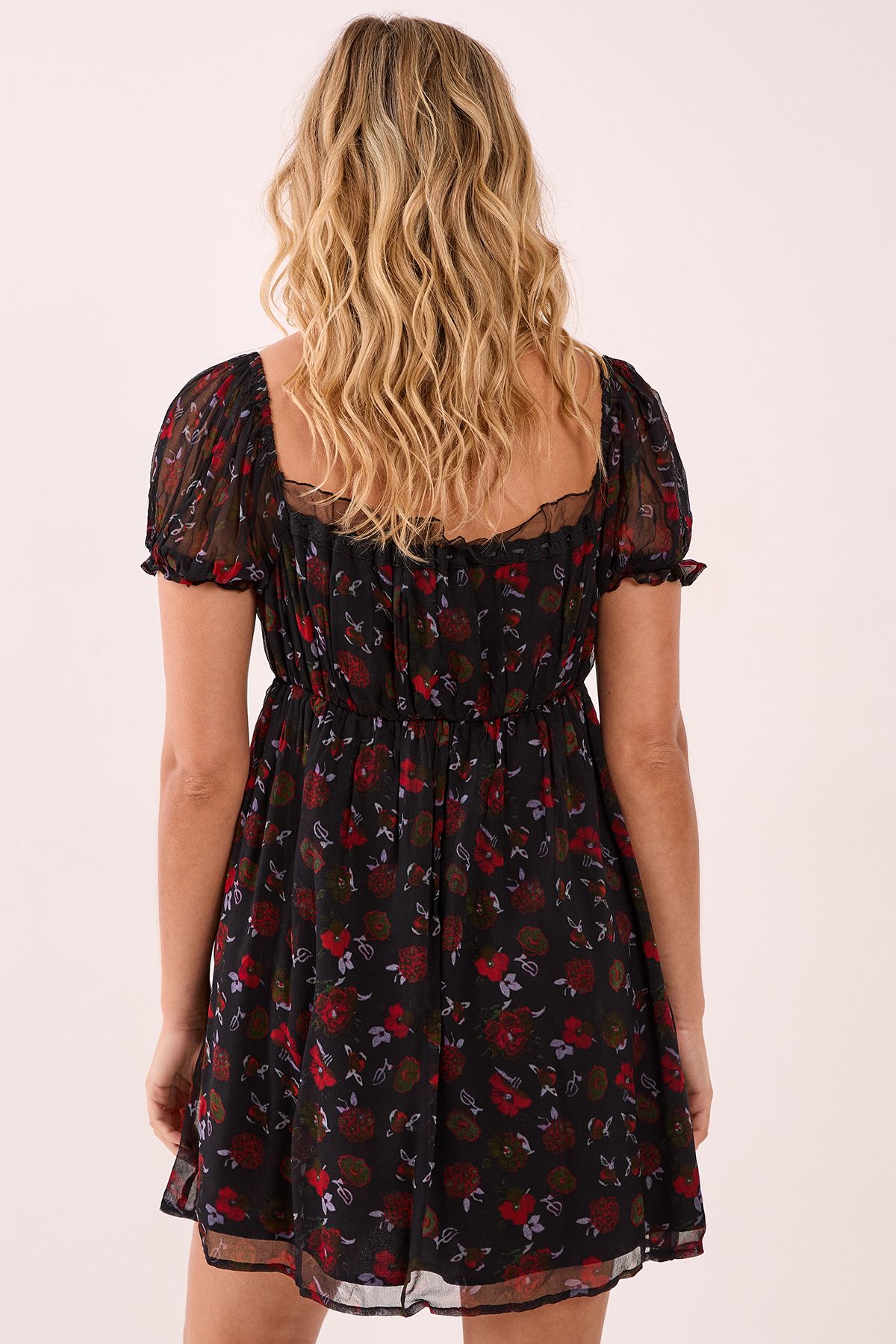 NastyGal Floral Lace Insert Ribbon Puff Sleeve Mini Dress Black image 3