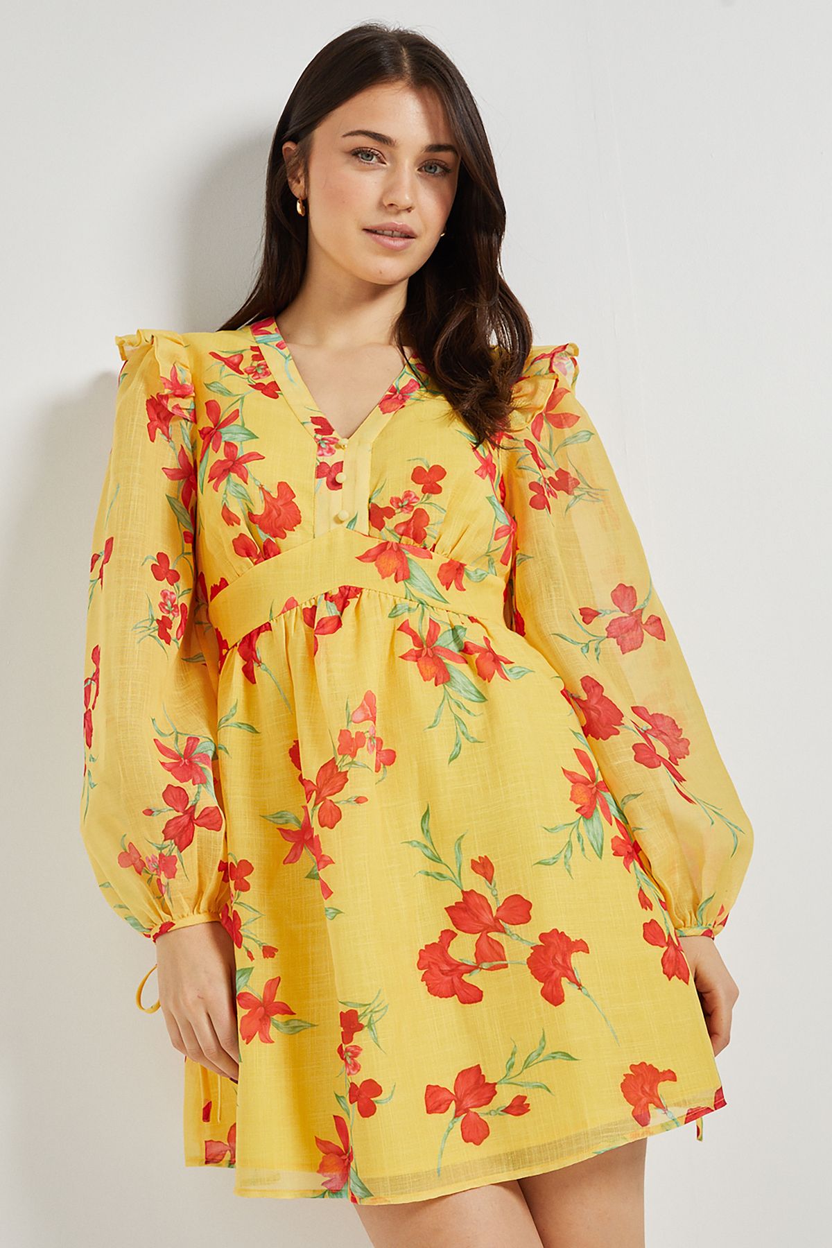 Dorothy Perkins Yellow Floral Printed Frill Detail Blouson Sleeve Mini Dress Yellow