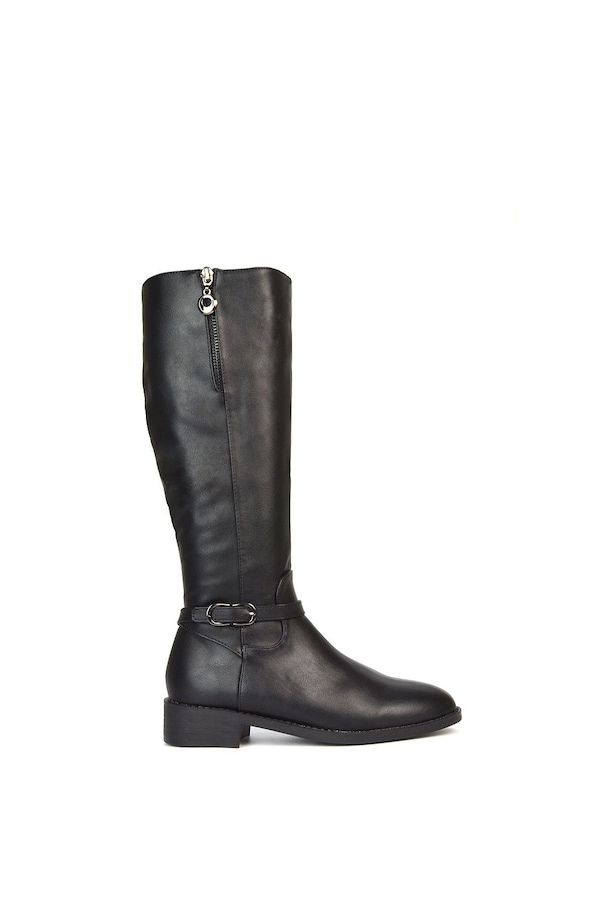 XY London 'Georgina' Knee High Boots Low Heel Zip Up Calf Riding Biker With Ankle Strap