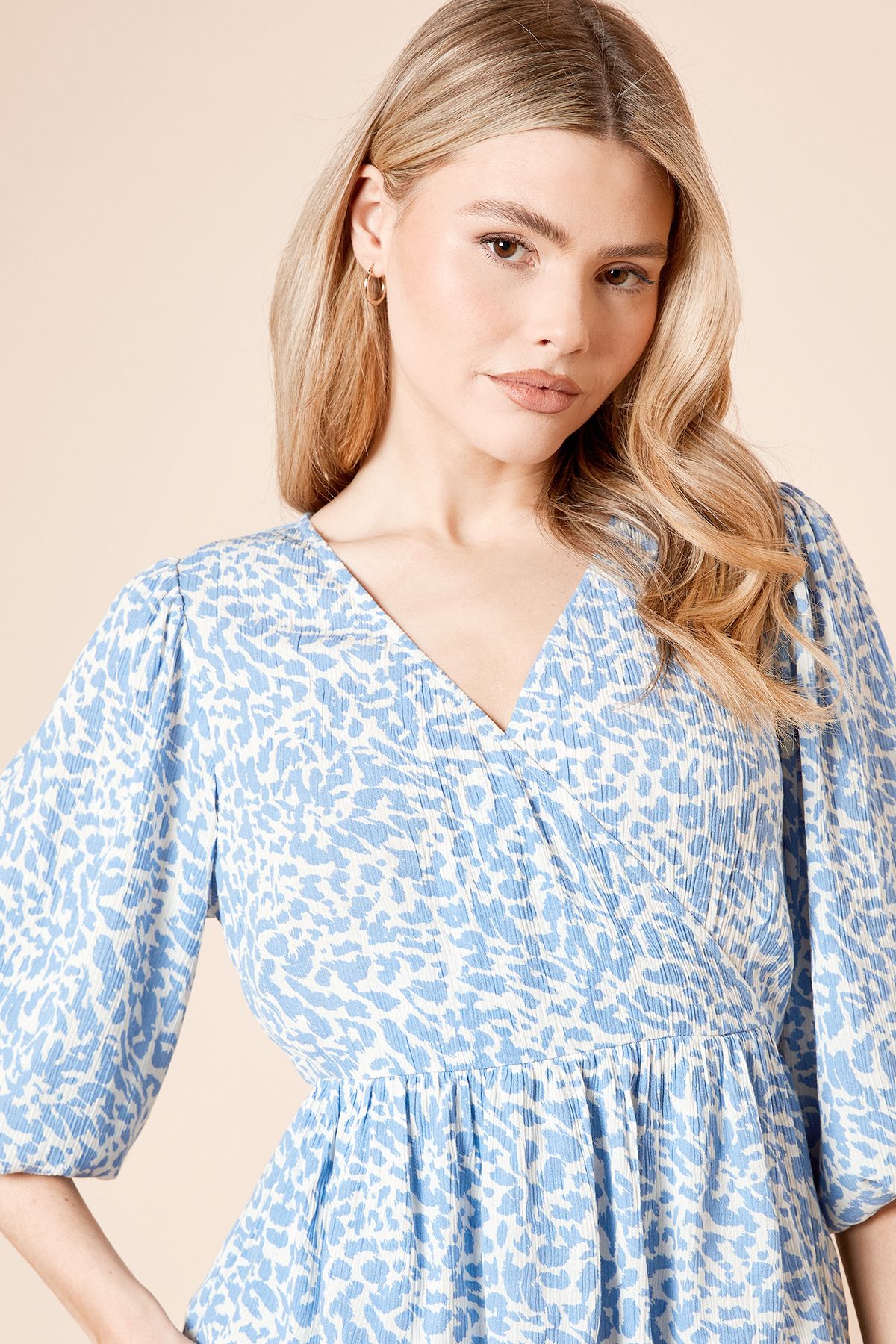 Dorothy Perkins Blue Wrap Front Tiered Blouson Sleeve Mini Dress Blue image 3