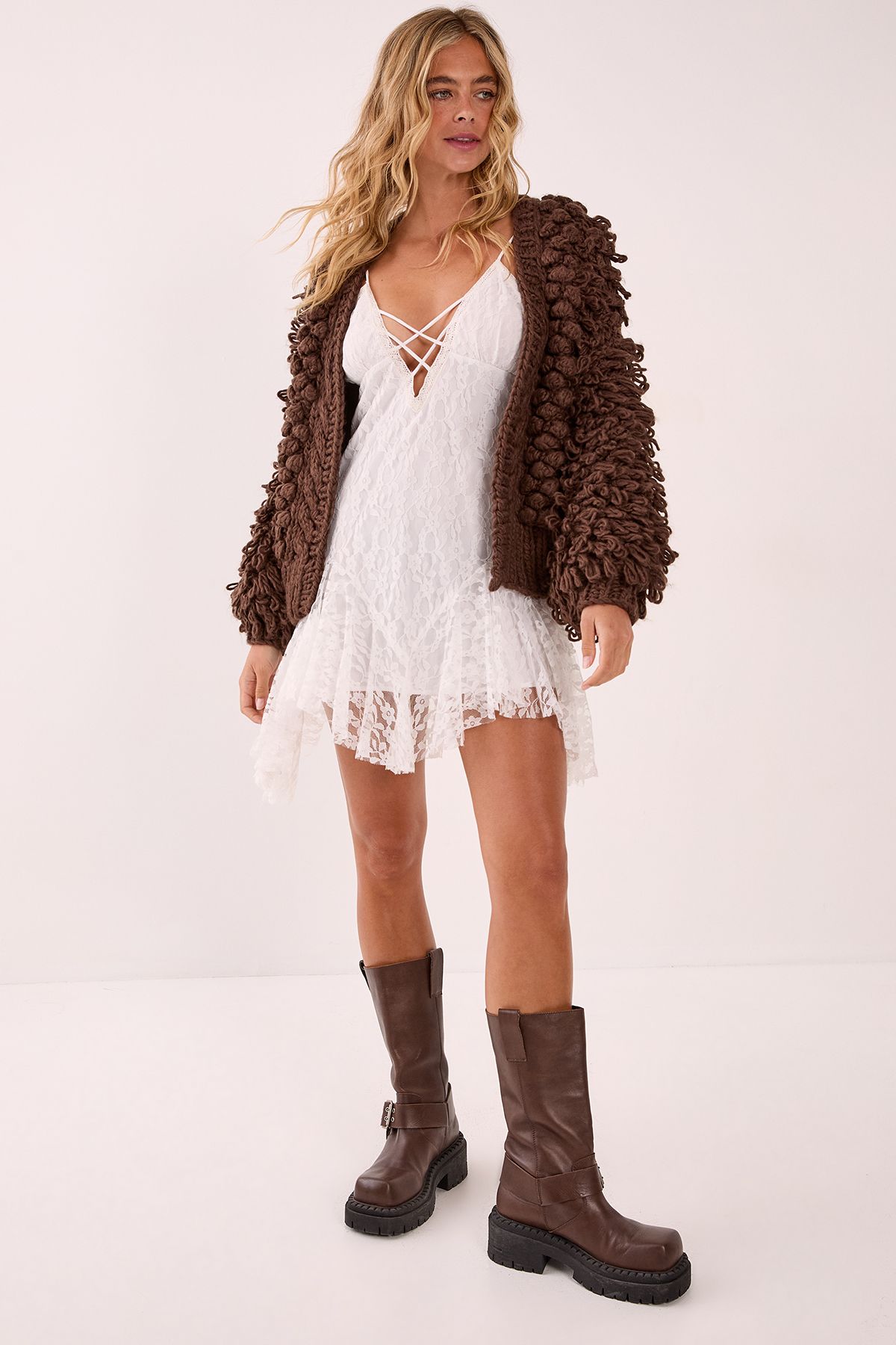 NastyGal Chunky Loop Yarn Knitted Cardigan Chocolate image 2